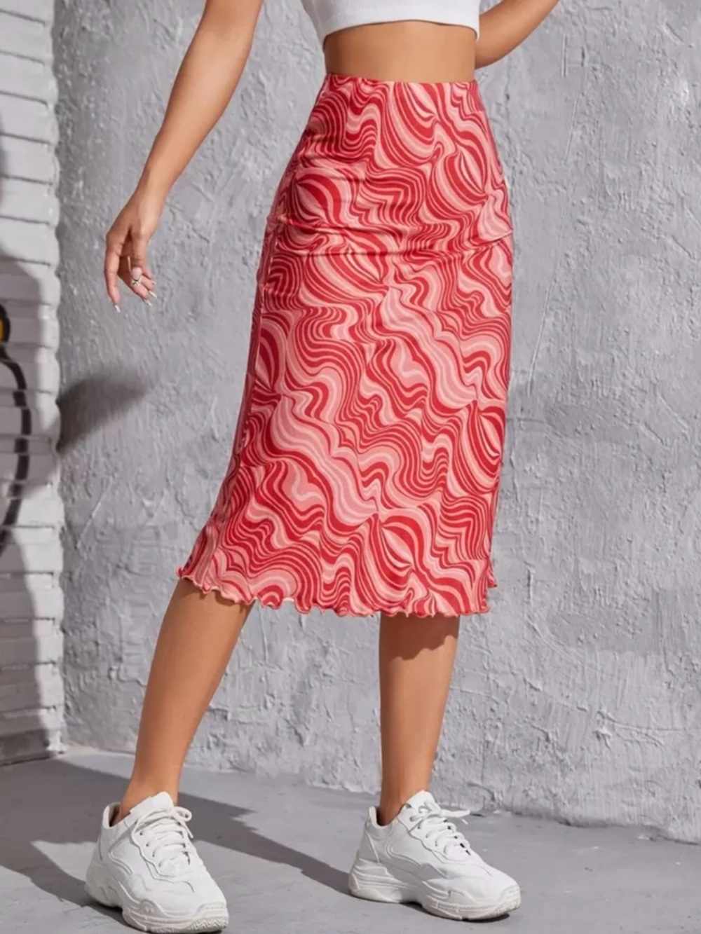 Women's Pink & Red Swirl Retro Midi Skirt